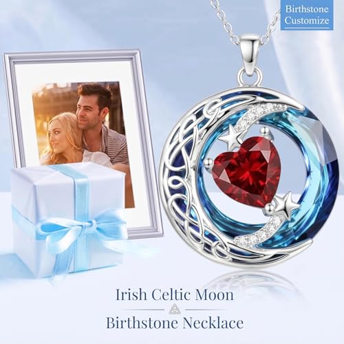 Birthstone Necklace for Women Crystal Moon and Star Pendant White Gold Celtic Moon Jewelry Birthday Graduation Gifts for Wife Her - style: Moon-1