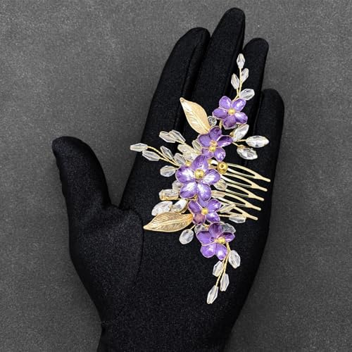 Purple Flower Hair Comb for Bride Crystal Gold Metal Leaf Floral Hair Pieces Accessories for Wedding Prom