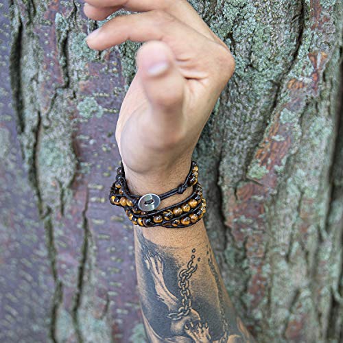 Multi Strand Tiger Eye Black Onyx Bead Bracelet Silver Tone Stainless Steel - color: Dark Brown