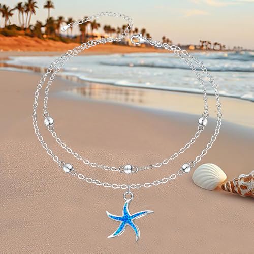 Sterling Silver Anklets for Women Sea Turtle Starfish Anklet Bracelet Ocean Beach Jewelry Opal Summer Foot Mothers Day Gift - style: Anklet-Starfish-A002