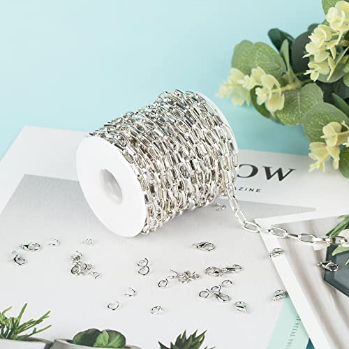 32.8 Feet Aluminum Flat Oval Silver Chains for Jewelry Making Unwelded Paperclip Link Cable Chain Spool Necklace Chains Bulk with Lobster Clasps and Jump Rings - color: 5.5×11mm-Silver