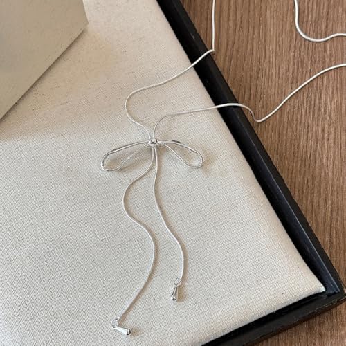FUTIMELY Dainty Long Gold Necklace for Women,Thin Herringbone Chain Necklace,Long Lariat Necklace Body Jewelry - color: Bow Silver