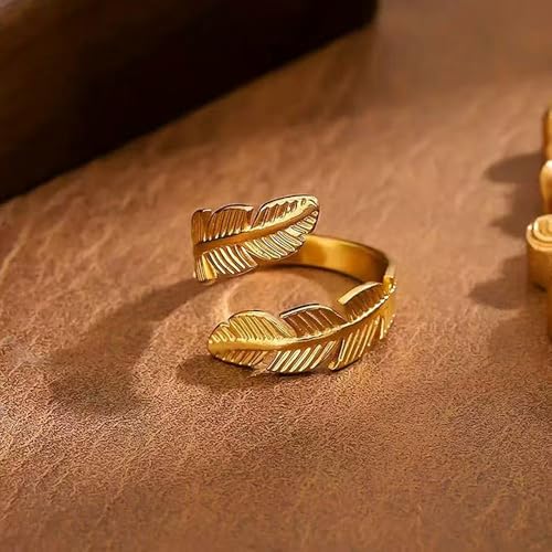 Adjustable Stainless Steel Feather Leaf Ring for Women Men - color: Gold