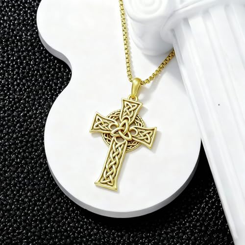 Celtic Cross Necklace For Men ,18K Gold Plated Celtic Cross Celtic Amulet Necklace Protection Jewelry Religious Gifts with 2.5mm 22"+2" Adjustable Rolo Chain - style: style3