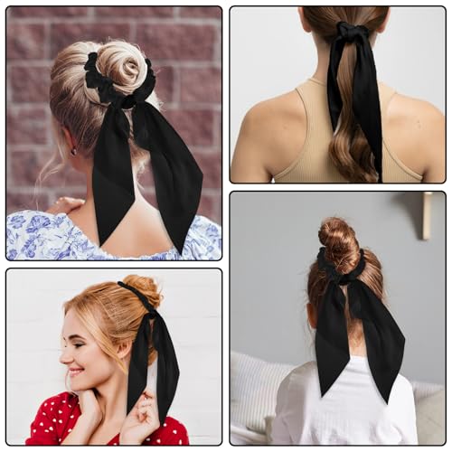 Mabor 2 Pcs Knotted Bow Satin Hair Scarf Scrunchies with Tail Hair Scrunchies Elastic Hair Scarf Ribbon Ponytail Holder for Women and Girls (Black)