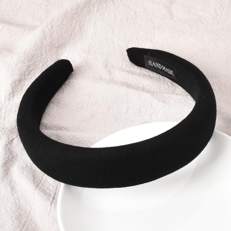 Black Padded Headband for Women - Wide, Simple, Soft Satin Hair Hoop for Girls and Teens, No Teeth Thick Head Accessory - color: Black