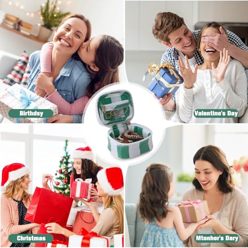 Travel Jewelry Case, White and Green | Clear Coated, Stripe, Tassels, Mini Storage Box for Ring,Necklace,Bracelet,Gift - color: White+Green