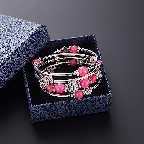 PEARL&CLUB Beaded Chakra Bangle Turquoise Bracelet - Fashion Jewelry Wrap Bracelet with Thick Silver Metal and Mala Beads, Birthday Gifts For Women - color: Hot pink