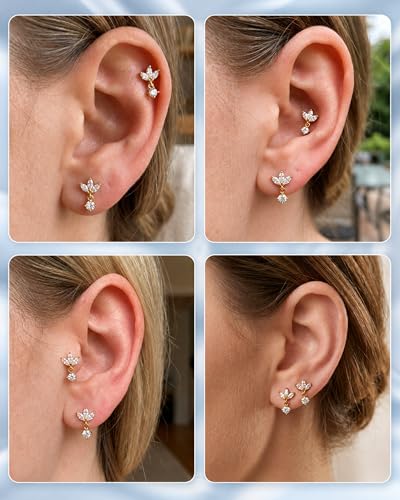 YACHY ASTM F136 G23 Titanium Flat Back Stud Earrings, Internally Threaded Screw-On Hypoallergenic Body Piercing Jewelry for Everyday Wear, Tragus Helix Conch Monroe Medusa Lip, 18G 6mm 8mm - color: Crystal Blossom--2pcs+2bar--Silver, size: 6mm+8mm
