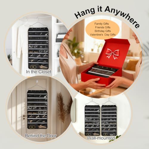 Hanging Jewelry Organizer Storage Roll 56 Zippered Pockets with Detachable Hanger Double-Sided Foldable, Travel Jewelry Holder for Earrings, Rings, Bracelets, Hanging on Closet, Wall, Door, Black - size: 56 Zippered Pockets
