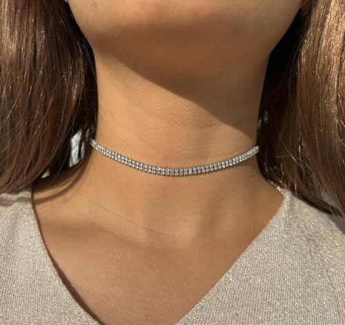 WangGao Dual Layer Stainless Steel Rhinestone Choker Tennis Necklace - color: Silver