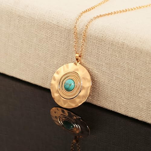 Aobei Pearl 18K Gold Plated Pendant Necklace for Women Dainty Gold Chain Choker Love Heart Disc Coin Pearl Cross Toggle Jewelry - style: Turquoise Hammered Coin