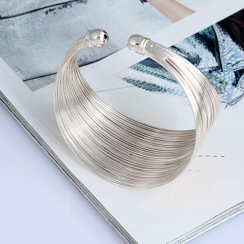 Layered Wire Open Cuff Bracelets for Women Chunky Gold Stacking Statement Bracelets Geometric Lines Minimalist Bangle Trendy Party Wrist Jewelry Gifts - color: Silver