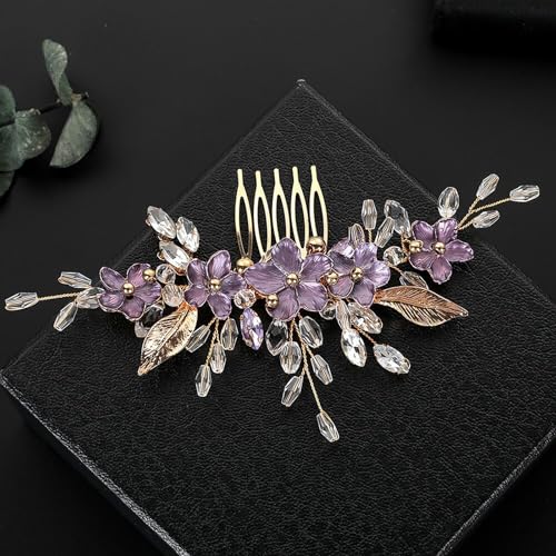 Flower Leaf Design Wedding Hair Comb, Metal Bridal Hair Accessory with Rhinestone, Wedding Prom Hair Clip Headpiece for Women (Gold Purple Flower) - color: Gold Purple Flower