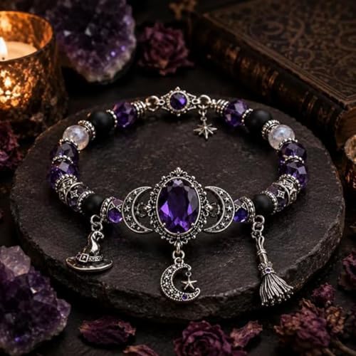 Witch's Crystal Moon Charm Bracelet, Purple Beaded Mystic Witch Jewelry, Mystic Crystal Moon Charm Bracelet, Magical Style - color: 3pcs