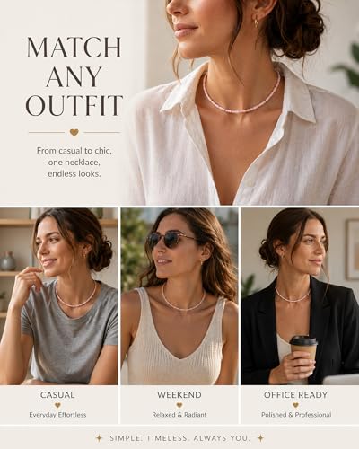 Natural Heishi Gemstone Choker Necklace for Women, Adjustable 15"+2" Beaded Layering Necklace, Coastal Beach Jewelry Gift for Her - color: Rose Quartz (Light Color)