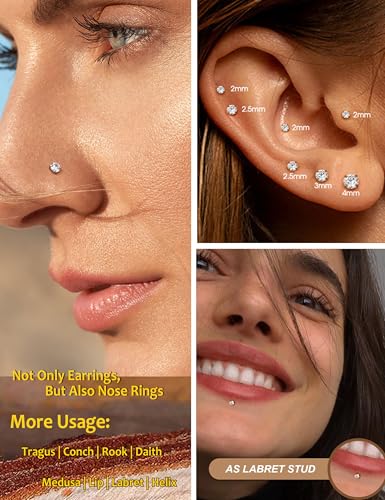 LOLIAS 16G 18G Flat Back Earrings Studs-Hypoallergenic Surgical Stainless Steel Cartilage Earring for Women Internally Threaded Cubic Zirconia Nose Stud Lip Medusa Tragus Helix Piercing Jewelry - color: 18G-2/2.5/3/4mm CZ-Steel Tone