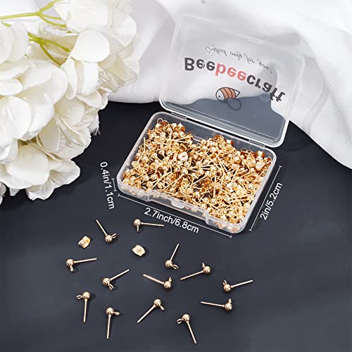 Beebeecraft 100PCS 24K Gold Plated Earring Studs with Loop Ball Post Earring Findings with 100Pcs Butterfly Ear Back for DIY Jewelry Dangle Earring Making(15x7mm, Ball: 4mm) - color: Gold, size: 4mm Ball