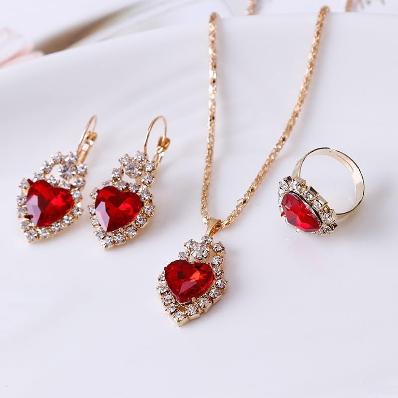 MALOYANVE 4PCS Crystal Heart Jewelry Set Glitter Gold Cubic Zirconia Love Heart Pendant Necklace Lightweight Hoop Earrings Bangle Bracelet Adjustable Open Ring Prom Wedding Jewelry for Women - color: Red