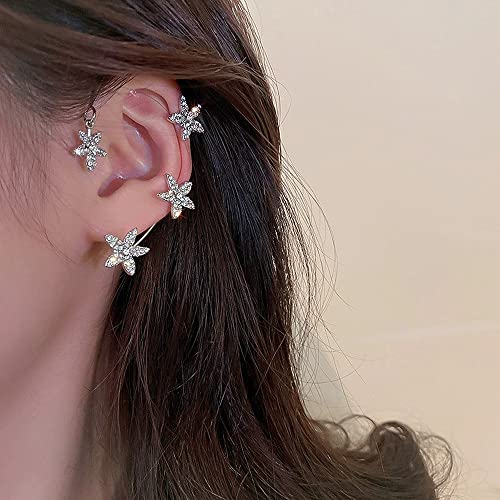BETHYNAS Glitter Rhinestone Butterfly Flower Ear Cuff Sparkly Non-Pierced Crystal Tassel Fake Earrings Climber Lady Ear Wrap Bridal Party Ear Jewelry for Women and Girls - color: Silver Flower