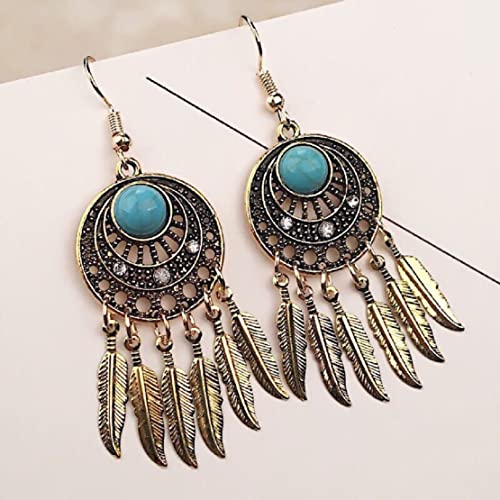 Boho Turquoise Feather Tassel Crescent Moon Dangle Earrings - Hypoallergenic, Leaf Bohemian Drop Earrings for Women - color: Gold