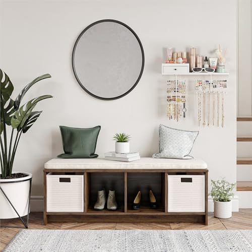 VINAEMO Jewelry Organizer Hanging Wall Mounted Jewelry Holder with Rustic Wood Drawer & Large Capacity Storage Shelf Rack Display for Earrings Rings Necklaces Bracelet(White Iron) - color: White Iron