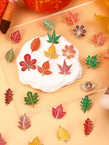 JUNEBRUSHS 28PCS Fall Leave Enamel Pins Cute Maple Leave Brooch Pins for Fall Thanksgiving Theme Birthday Party Classroom Favor Supplies Exchange Gift Clothes Hat Accessories - style: Fall Leave Style