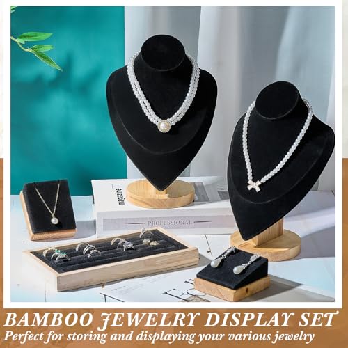 RattanView Bust 7 Pcs Jewelry Display Set Velvet Necklace Display Stand Earring Ring Organizer for Vendors (Black) - color: Black, style: Bust