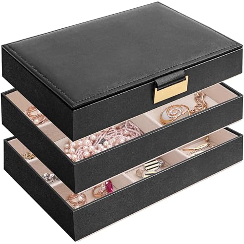 Stackable Jewelry Organizer Trays, 3-Layer jewelry drawer organizer, Perfect for Women and Girls to Store Necklaces, Rings, Bracelets, Earrings, Watches with Removable Dividers for Dresser & Vanity