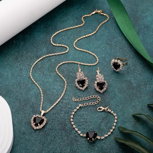 MALOYANVE 4PCS Crystal Heart Jewelry Set Glitter Gold Cubic Zirconia Love Heart Pendant Necklace Lightweight Hoop Earrings Bangle Bracelet Adjustable Open Ring Prom Wedding Jewelry for Women - color: Black