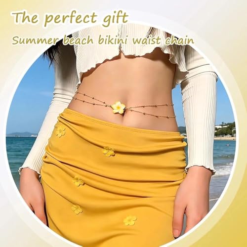 Plumeria Flower Belly Chains for Women Girls Gold Beads Waist Chains Double Layer Hawaiian Flower Body Chain for Summer Beach Adjustable Floral Belly Belt for Teen Girls Sexy Bikini Accessories