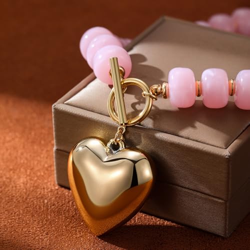 Chunky Heart Necklaces for Women Colorful Resin Beaded Necklaces for Women Gold Puffy Heart Statement Necklace Trendy Acrylic Choker Jewelry Gift - color: light pink