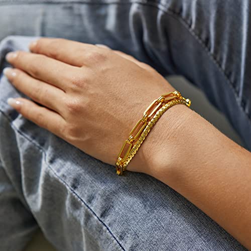 FRUMOS Dainty Layering Bracelets for Women 18 k Gold Plated Fashion Adjustable Chunky Cuban Paperclip Link Chain Bracelets Jewelry for Women Gift - color: Snake chain Bracelets