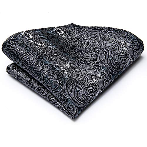 Hi-Tie Men 63inches Tie Set Extra Long Necktie Paisley Tie Pocket Suqare Cufflinks Big and Tall Men Tie - color: Black Grey