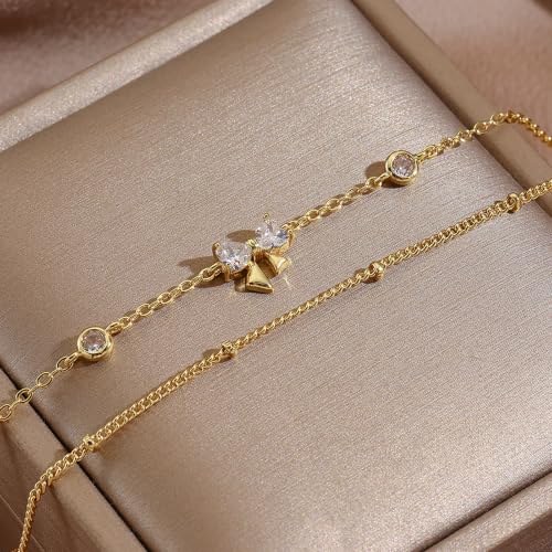16K Gold Plated Bracelets Set for Women - Dainty Layered Adjustable Hand Chain Bracelet with Cubic Zirconia, Cute Jewelry Gift for Her, Waterproof Hypoallergenic - color: Bowknot