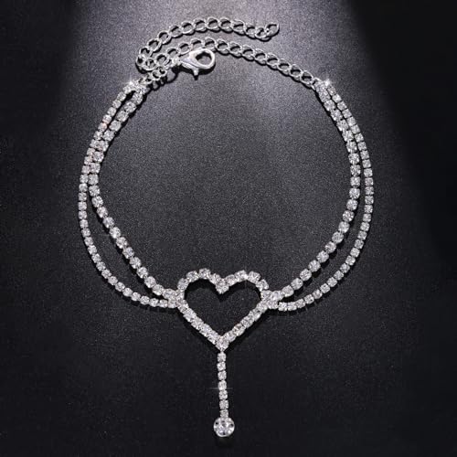 Fesciory Silver Ankle Bracelets for Women, Adjustable Rhinestone Pendant Tennis Anklet, Butterfly Heart Infinite Diamond Summer Beach Foot Chain Jewelry Gifts - style: Layered Heart1