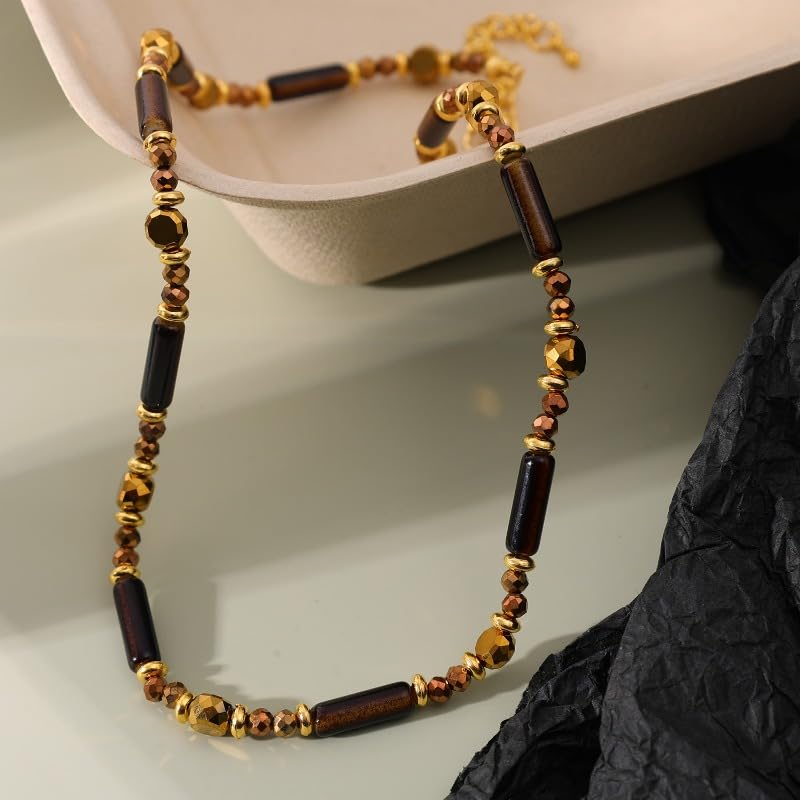 2pcs Retro Temperament Layered Tiger Eye Stone Pendant Necklace For Women Stainless steel Double-Layer Collarbone Chain Sets