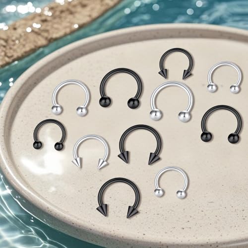 D.Bella 16G 14G Horseshoe Rings Surgical Steel Nose Septum Horseshoe Hoop Earring Eyebrow Tragus Lip Rings Daith Helix Piercing Jewelry for Women Men 6-12mm Smily Piercing Jewelry - color: 16g-silver-black