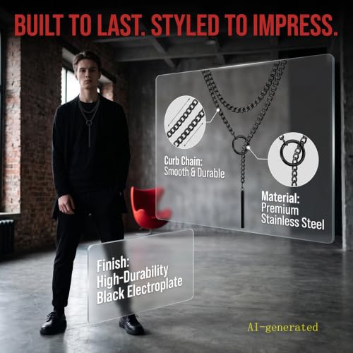 Heart O Ring Slip Chain Choker Necklace for Women Men Stainless Steel Cuban Chain Y-shape Necklaces Punk Rock Collar Adjustable Lariat Y Necklace Prom Necklaces Jewelry - color: Long black bar