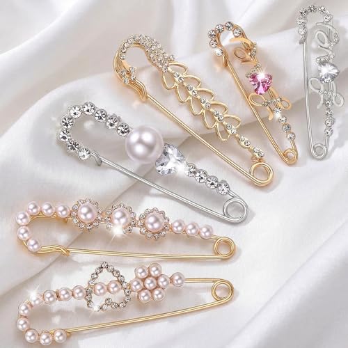 Ouligay 6 Pieces Women Brooch Pins Large Pearl Brooch Pin Sweater Shawl Clips Faux Crystal Pearl Brooches and Pin for Women, Brooches Safety Pins Dress Clips Shirt Clip for Clothing Costume Accessory