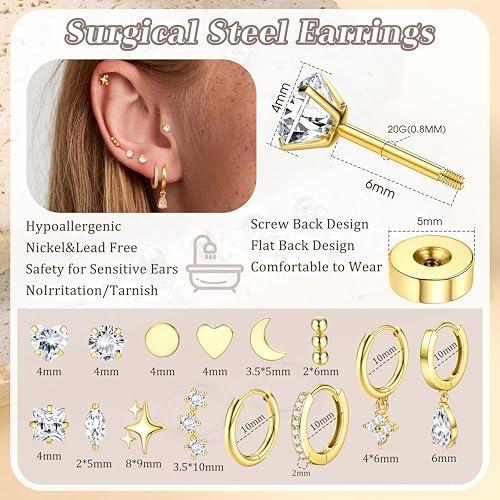 Florideco Hypoallergenic Flat Back Earrings for Women 14K Gold Plated Surgical Steel Stud Hoop Earrings for Sensitive Ears Stainless Steel Earrings Flatback Stud Cartilage Earring Set - color: 14K Gold Plated