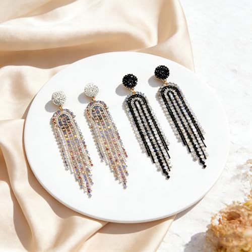 Fringe Dangling Tassel Earrings for Women, Handcrafted Chandelier Long Bohemian Beaded Cubic Zirconia Crystal Imitation Pearls Inlay Statement Boho Chain Hook Earrings for Wedding Party - color: Colorful White Fringe