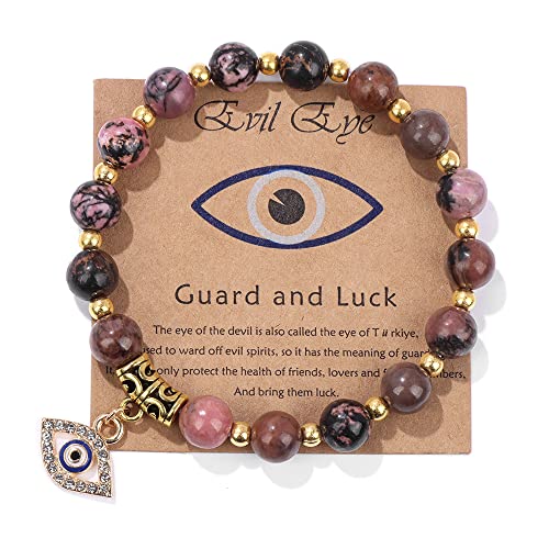 Evil Eye Bracelet for Women Men Natural Stone Beads Handmade Bracelet Inspirational Bracelet with Gift Message Card Kabbalah Protection Good Luck Jewelry Gift - color: Black Red