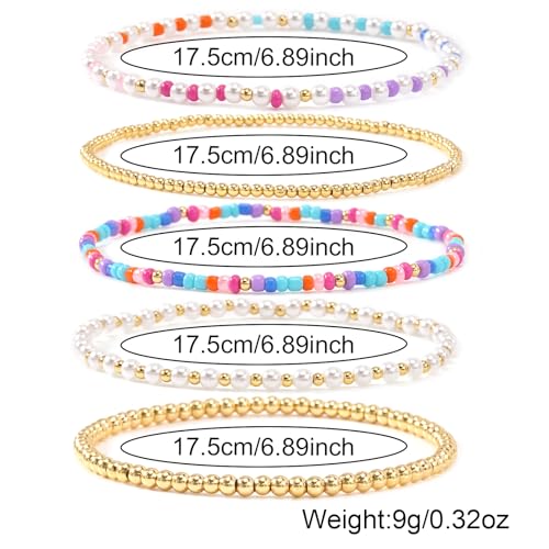 14K Gold Plated Beaded Bracelets Stack Set for Women,Stretch Boho Ball Jewelry Friendship Trendy - color: Colorful