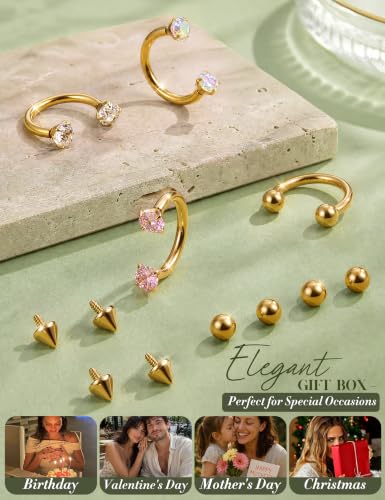 316L Stainless Steel Horseshoe Nose Rings for Women 16/18/20G Septum Rings | Septum Nose Piercing with Replacement Tops and Piercing Tool for Helix Tragus Cartilage Lip Jewelry 14K Gold Plated/Silver - color: Gold 1-16G