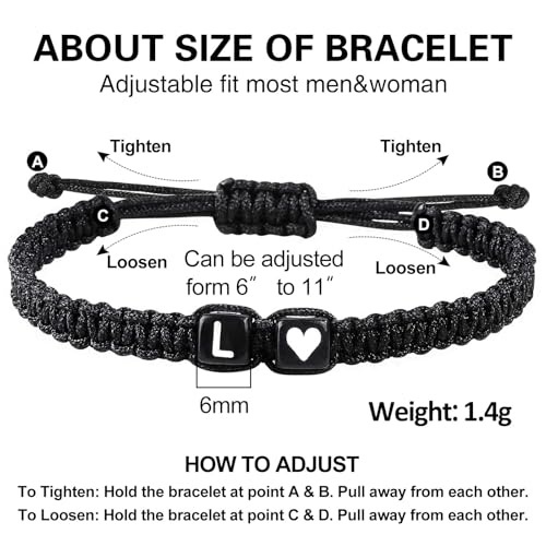 Valentines Day Gifts for Him Her Heart Love Letter Initial Matching Couple Bracelets for Women Men Teen Gifts Best Friend Graduation Birthday Gifts A-Z Braided Bracelet Son Daughter Dad Jewelry - color: Black-L