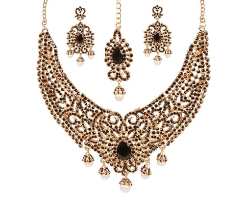 Touchstone Indian jewelry sets for women tikka wedding necklace costume guest statement bollywood rhinestones crystal faux pearls gold big royal neck piece set bridal fashion accessories - color: 1 Black