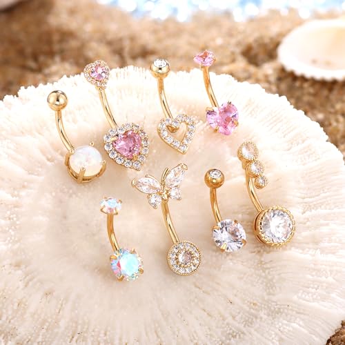 Dochais Pink Heart Belly Button Ring Piercing 8Pcs 14G Surgical Stainless Steel Navel Piercing Hypoallergenic Cute Created-opal Butterfly Belly Button Rings for Women - color: Rose Gold