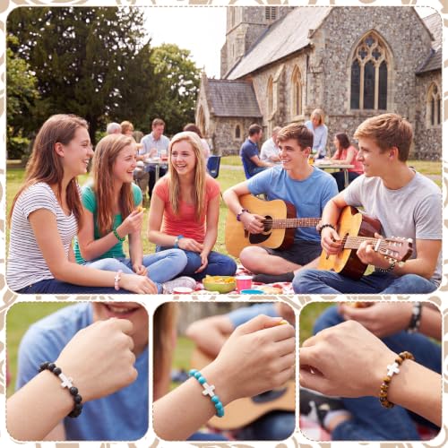 Kingdder 16 Set Christian Cross Beaded Bracelets Bulk with Inspirational Cards Organza Bags, Natural Stone Religious Gifts for Women Men Church Sunday School Communion Vacation Bible School