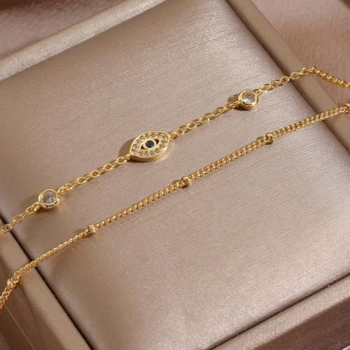 16K Gold Plated Bracelets Set for Women - Dainty Layered Adjustable Hand Chain Bracelet with Cubic Zirconia, Cute Jewelry Gift for Her, Waterproof Hypoallergenic - color: Evil Eye